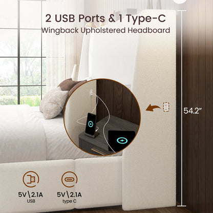 White sherpa platform bed frame with USB and Type-C charging ports