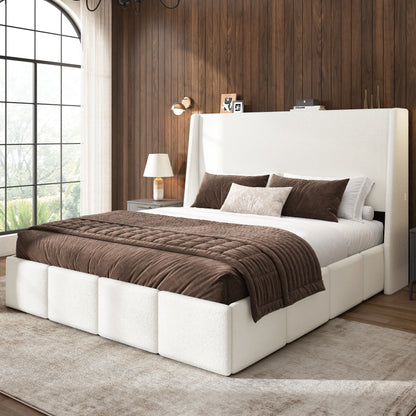 White sherpa upholstered platform bed frame styled with cozy brown bedding