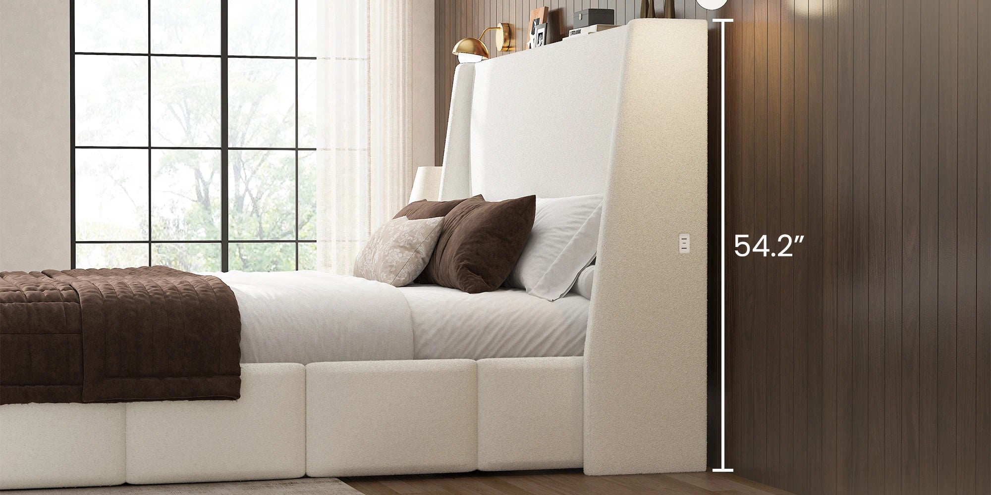 White sherpa upholstered platform bed frame with extra tall headboard