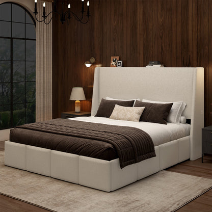 Side detail of white sherpa upholstered platform bed frame with lambswool-style texture