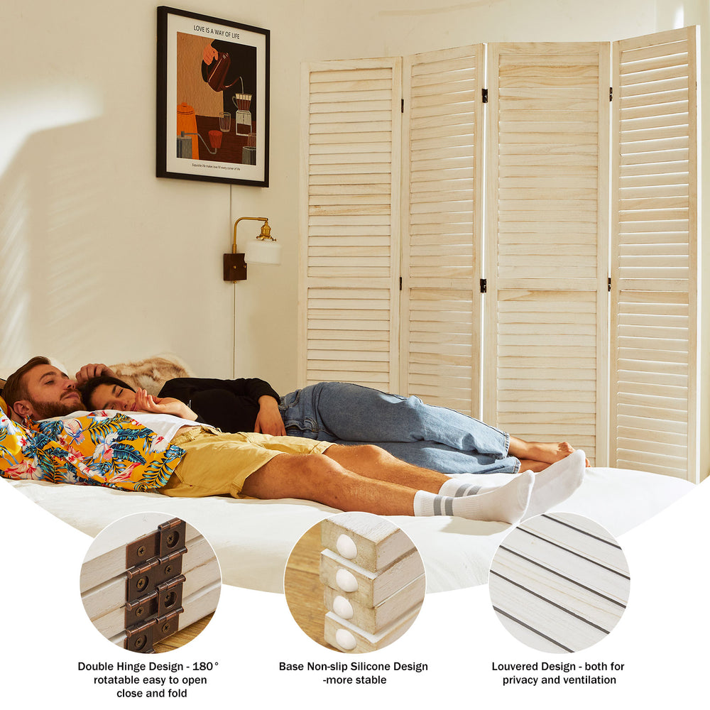 Close up detail of breathable white louvered wood slats texture and smooth finish