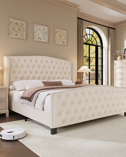 Larmace Upholstered Wingback Bed with High Tufted Headboard for Bedroom, KING SIZE Beige