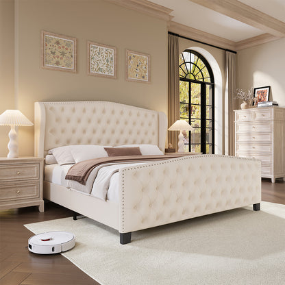 Larmace Upholstered Wingback Bed with High Tufted Headboard for Bedroom, KING SIZE Beige