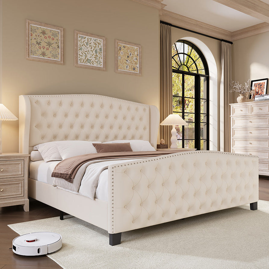 Larmace Upholstered Wingback Bed with High Tufted Headboard for Bedroom, KING SIZE Beige