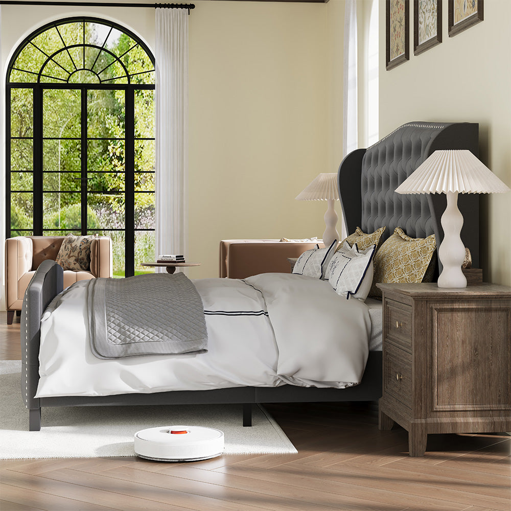 Larmace Upholstered Wingback Bed with High Tufted Headboard for Bedroom, KING SIZE