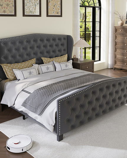 Larmace Upholstered Wingback Bed with High Tufted Headboard for Bedroom, KING SIZE
