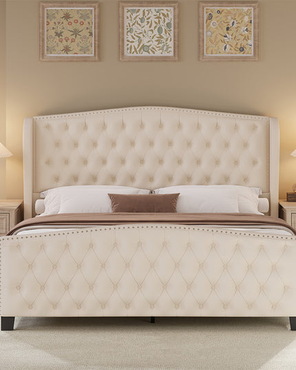 Larmace Upholstered Wingback Bed with High Tufted Headboard for Bedroom, KING SIZE