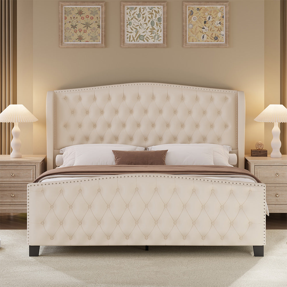 Larmace Upholstered Wingback Bed with High Tufted Headboard for Bedroom, KING SIZE