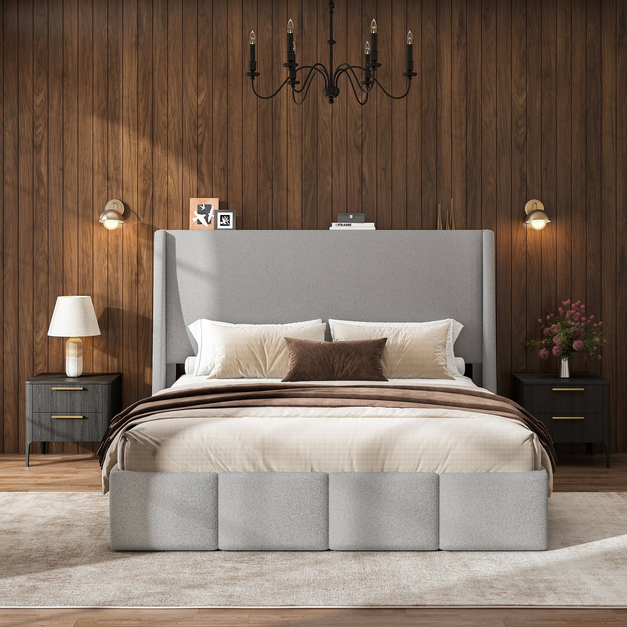 ZENO 54" Tall Lambswool Bed Frame with Charging Headboard