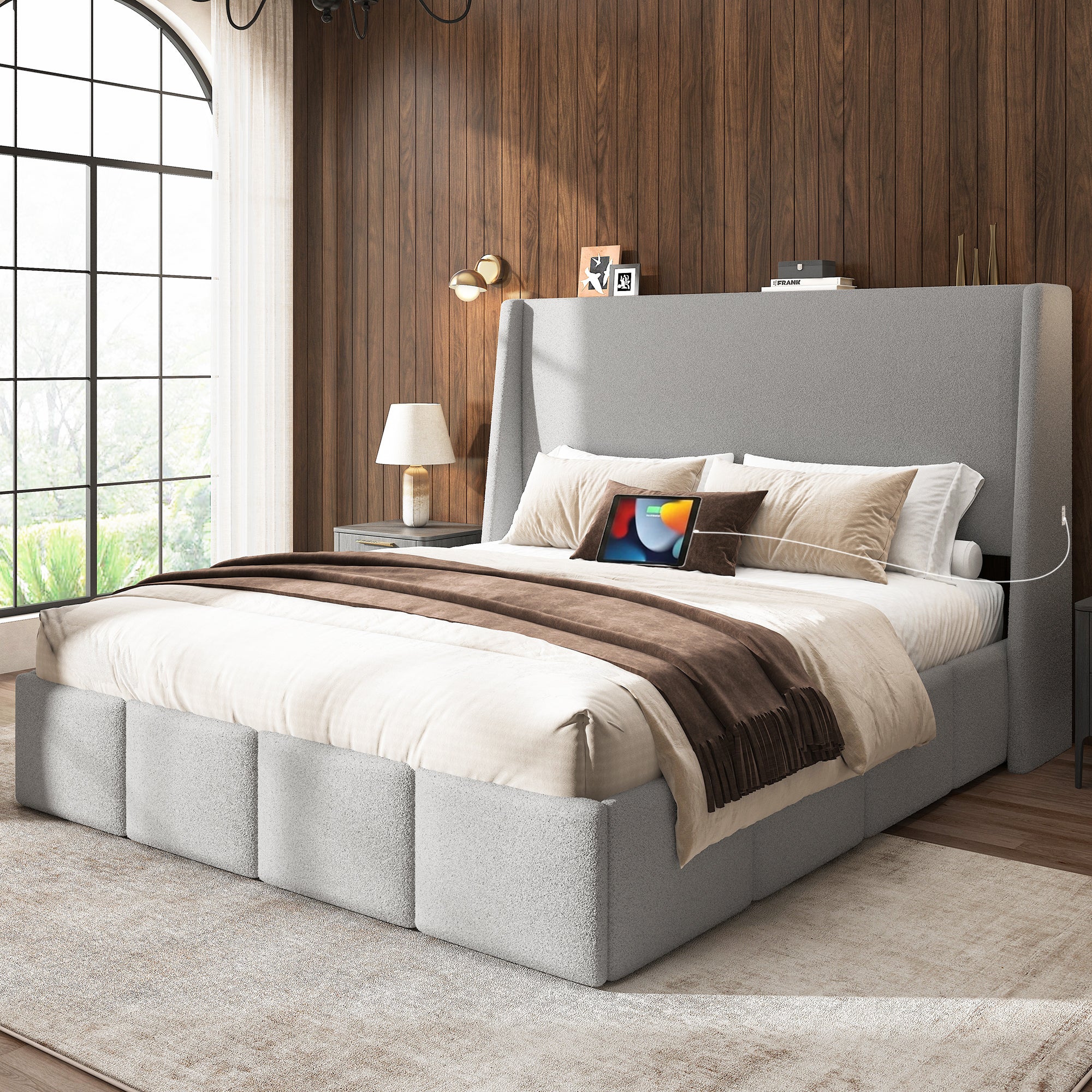 ZENO 54" Tall Lambswool Bed Frame with Charging Headboard