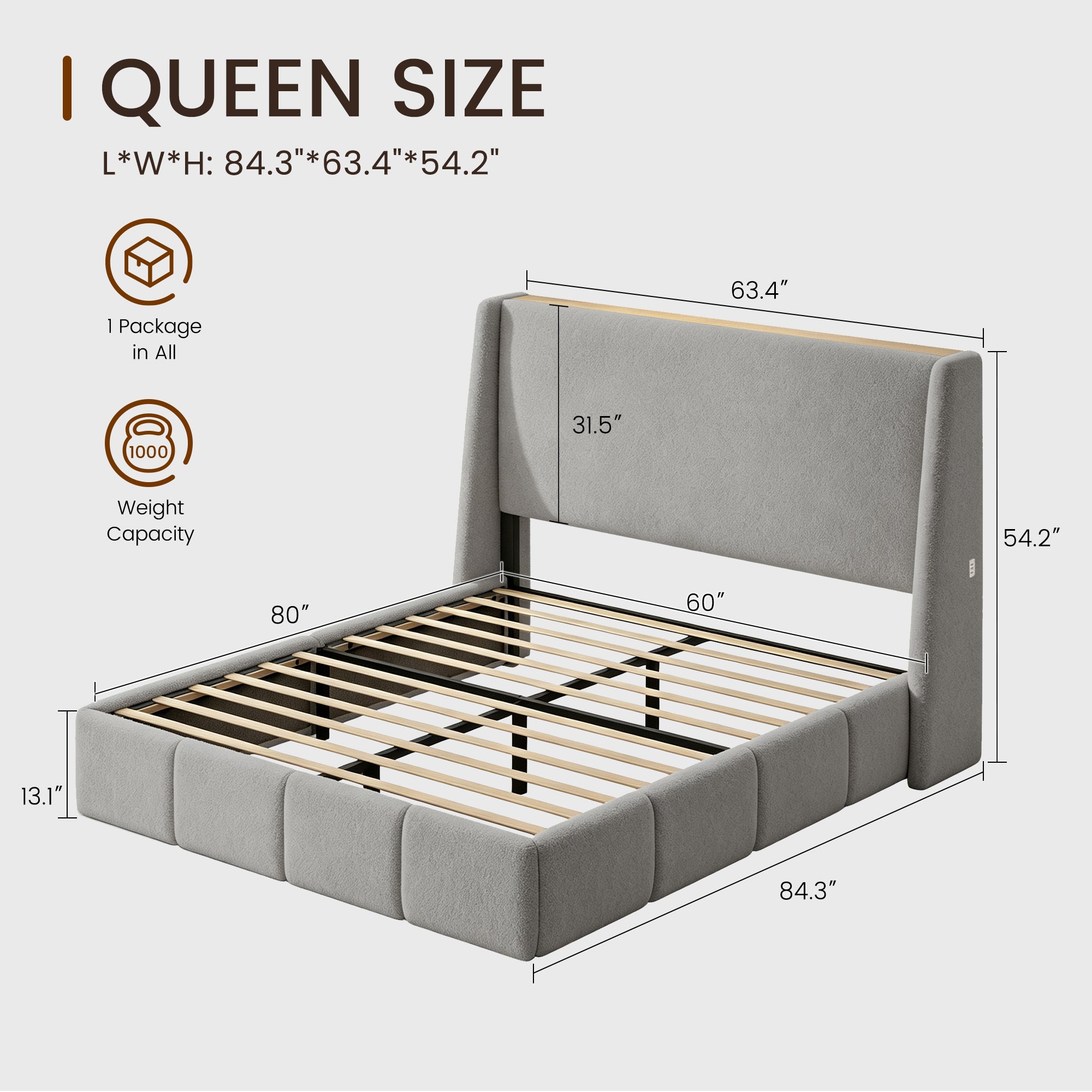 ZENO 54" Tall Lambswool Bed Frame with Charging Headboard