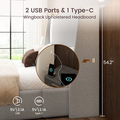ZENO 54" Tall Lambswool Bed Frame with Charging Headboard